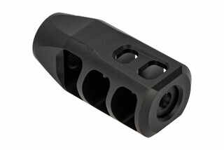 Precision Armament M11-SPR compensator is smaller and lighter with 1/2x28 threading for 5.56 rifles. Black finish.